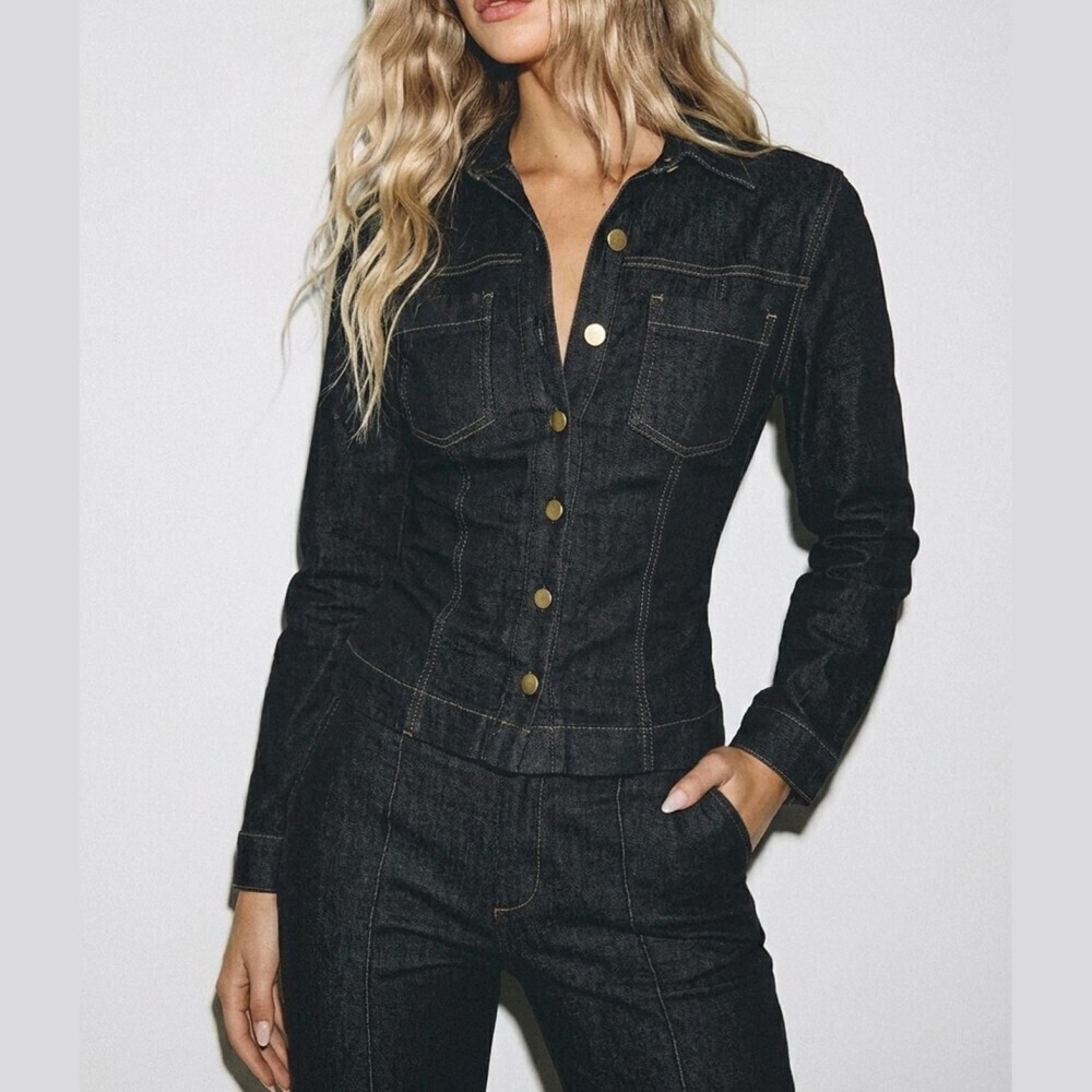 Ultra Dark Navy Denim Contrast Stitch Snap Button Fitted Jacket